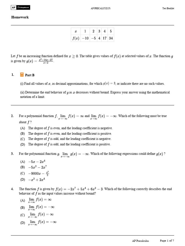 AP Precalculus Homework: Function Analysis | PDF | Asymptote | Function ...