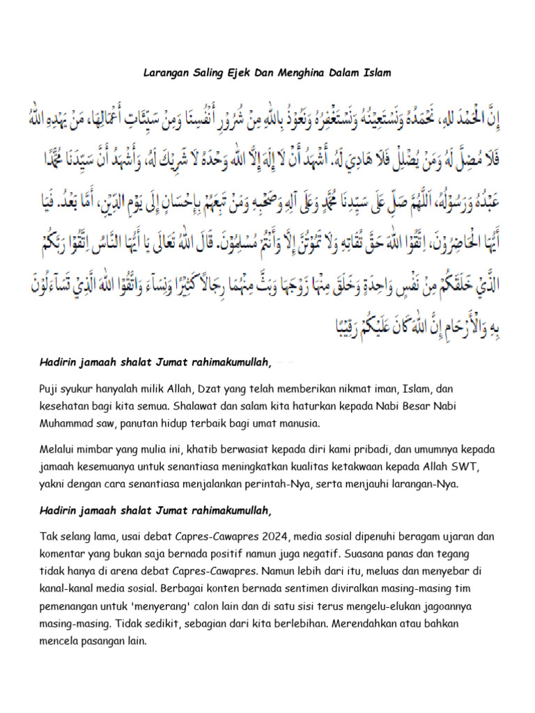 Larangan Saling Ejek Dan Menghina Dalam Islam | PDF