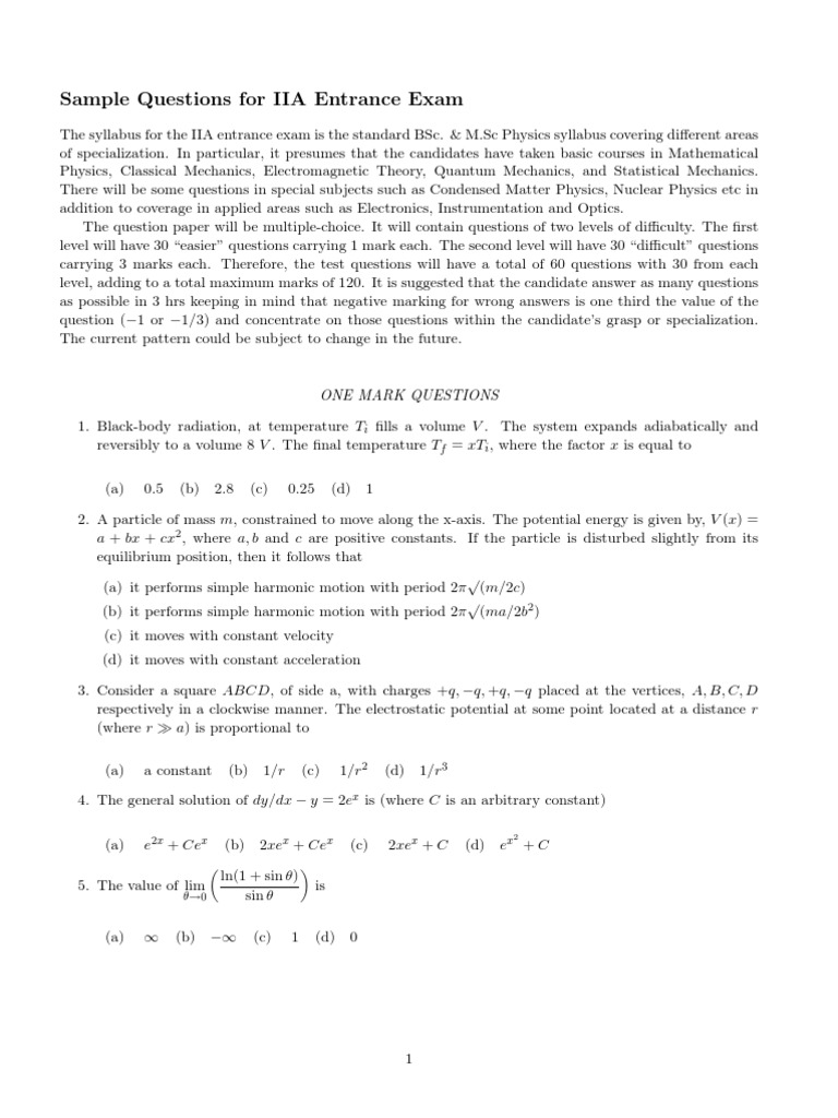 IIA Entrance Exam Sample Questions | PDF | Speed Of Light | Classical ...