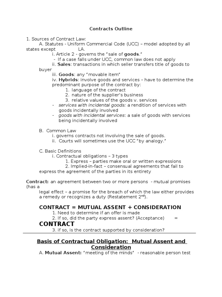 Contracts Outline Pdf Offer And Acceptance Consideration