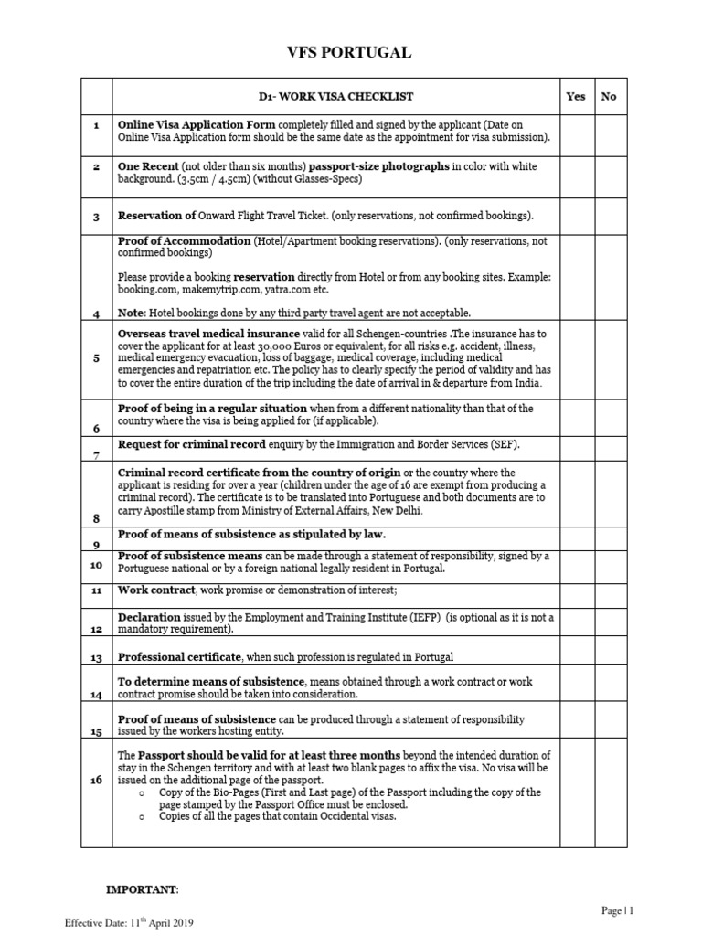 Portugal D1 Work Visa Checklist | PDF | Travel Visa | Passport