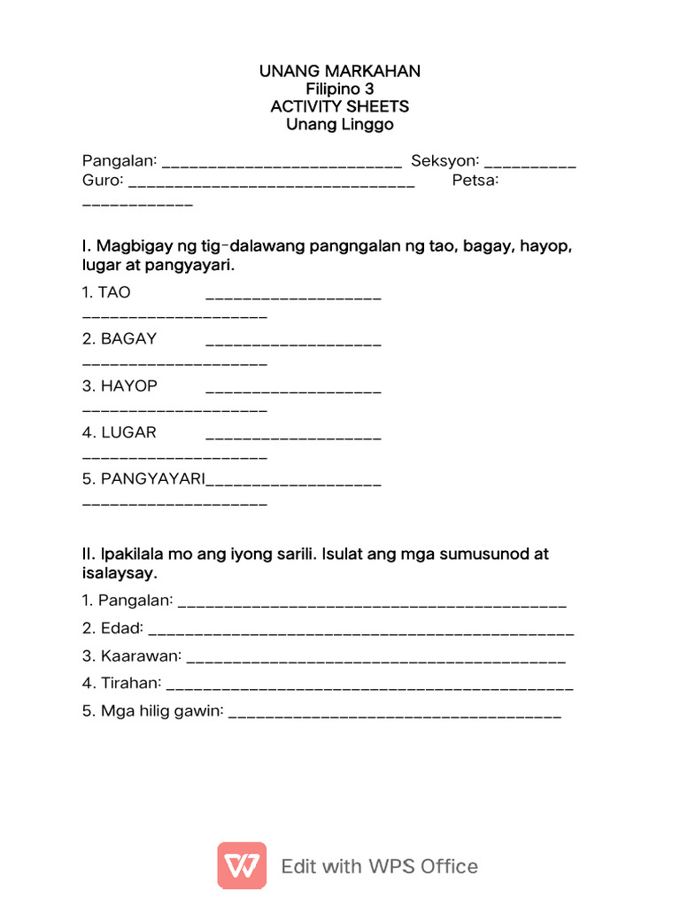 Filipino Grade3 Activity Sheets | PDF
