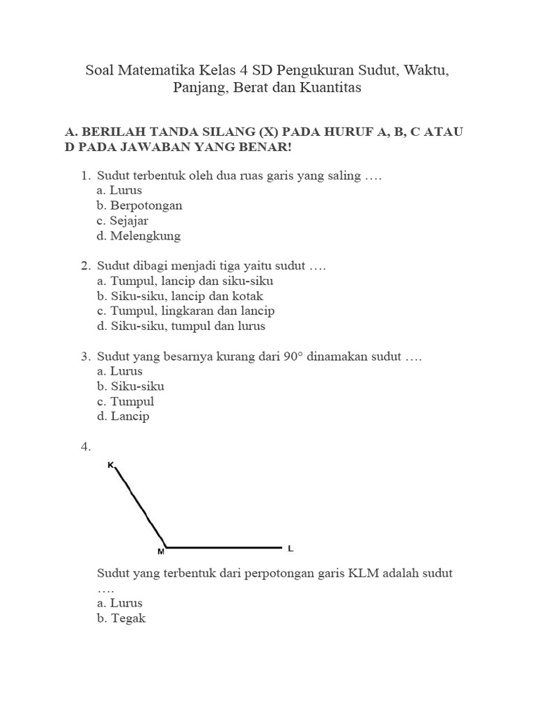 Soal Matematika Kelas 4 SD Pengukuran Sudut | PDF
