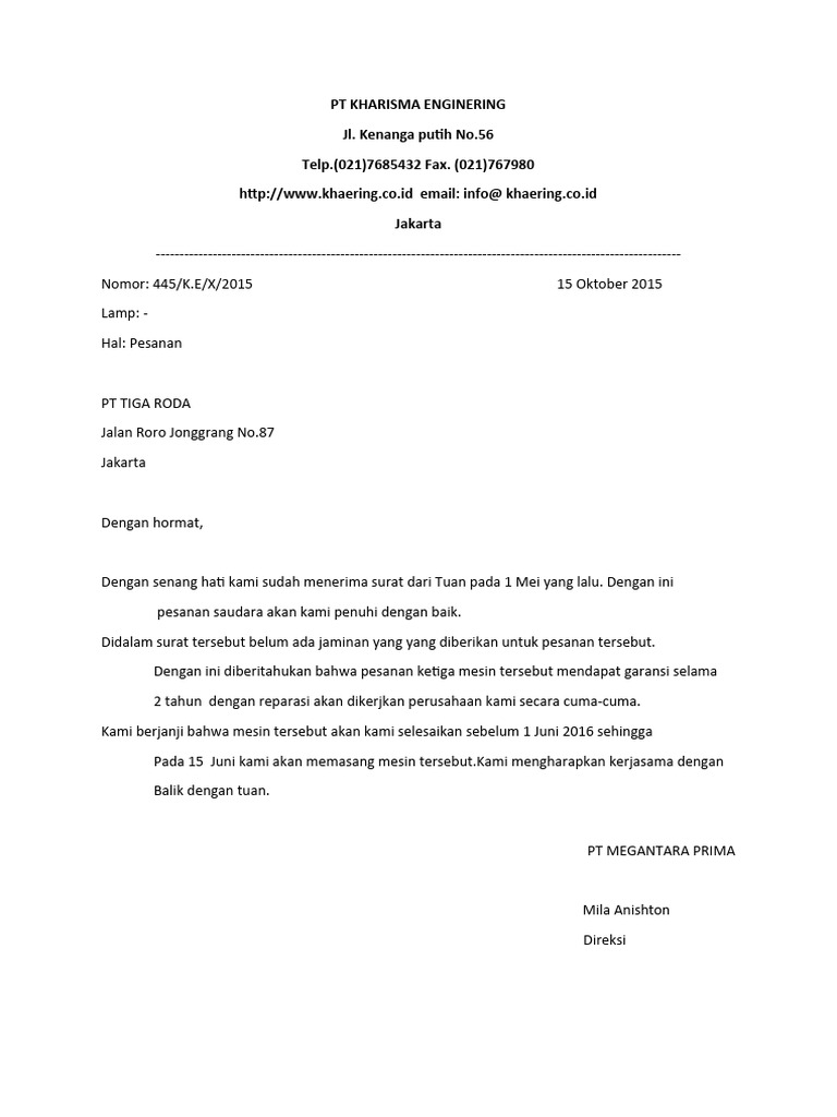Konfirmasi Pesanan Mesin PT Tiga Roda | PDF