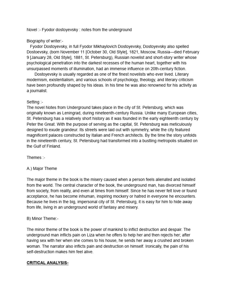 Novel Notes From The Underground PDF Existentialism Saint Petersburg