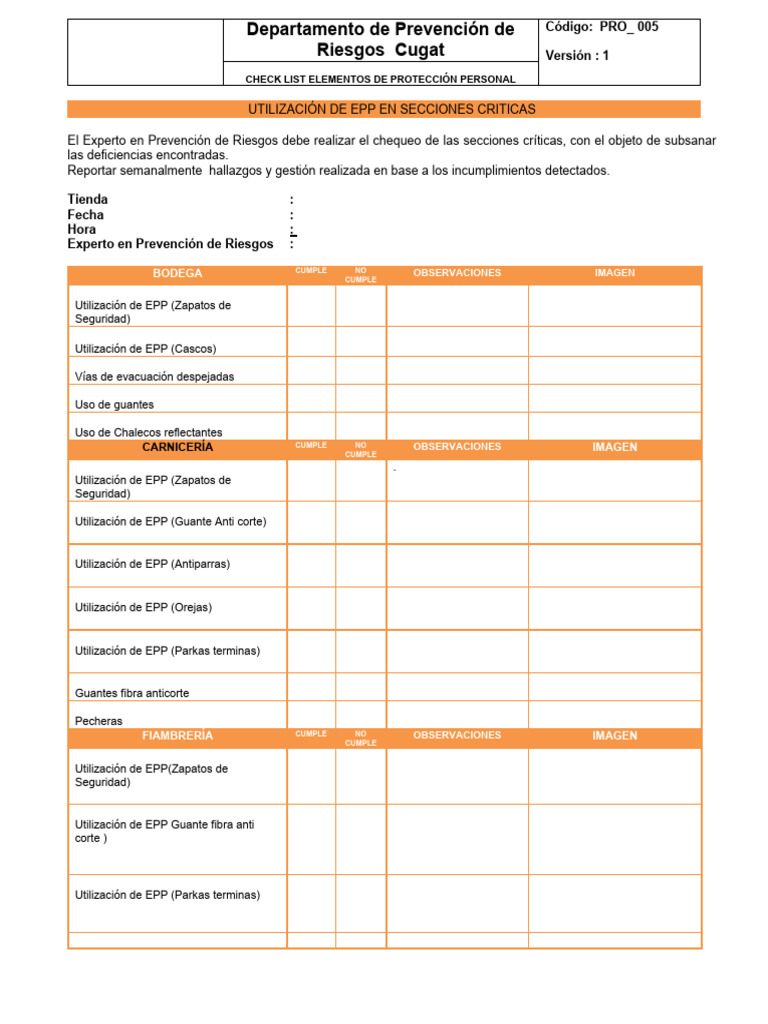 Checklist de EPP en Secciones Críticas | PDF | Ropa