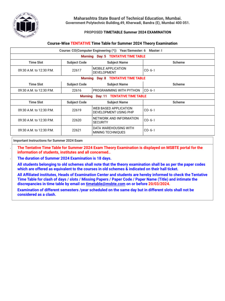 MSBTE Summer 2024 Exam Timetable | PDF | Computer Engineering ...