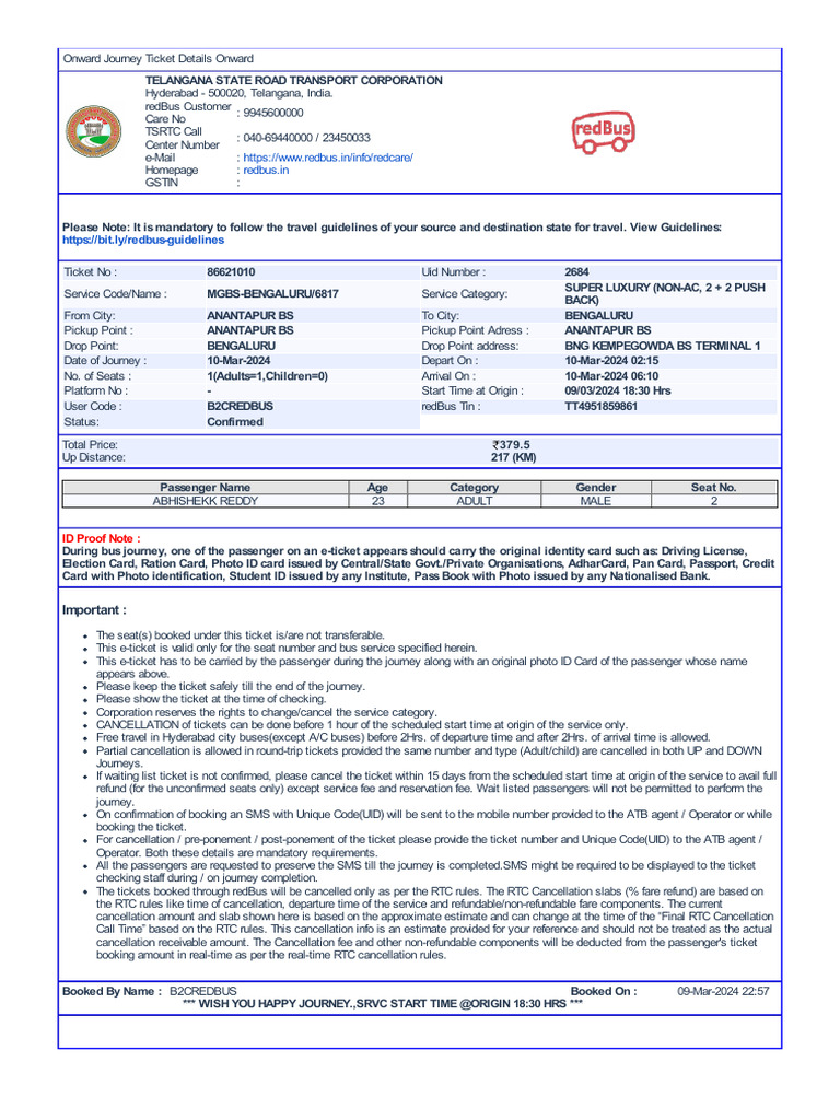 redBus Ticket Confirmation Details | PDF | Identity Document | Ticket ...