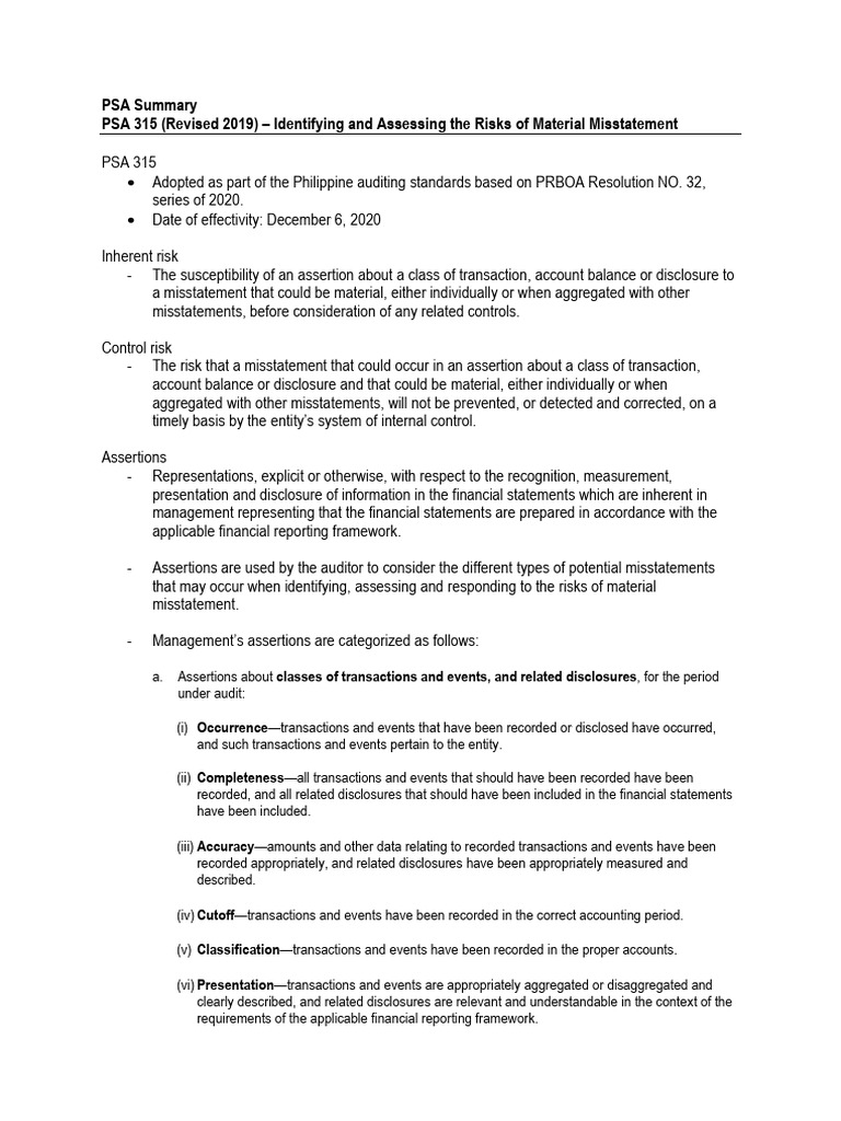 PSA 315: Key Changes in Risk Assessment | PDF | Internal Control | Audit