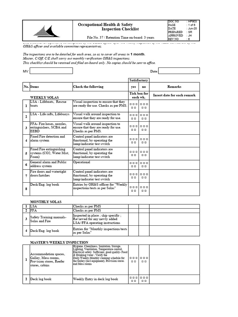 Monthly OH&S Inspection Checklist | PDF | Personal Protective Equipment ...