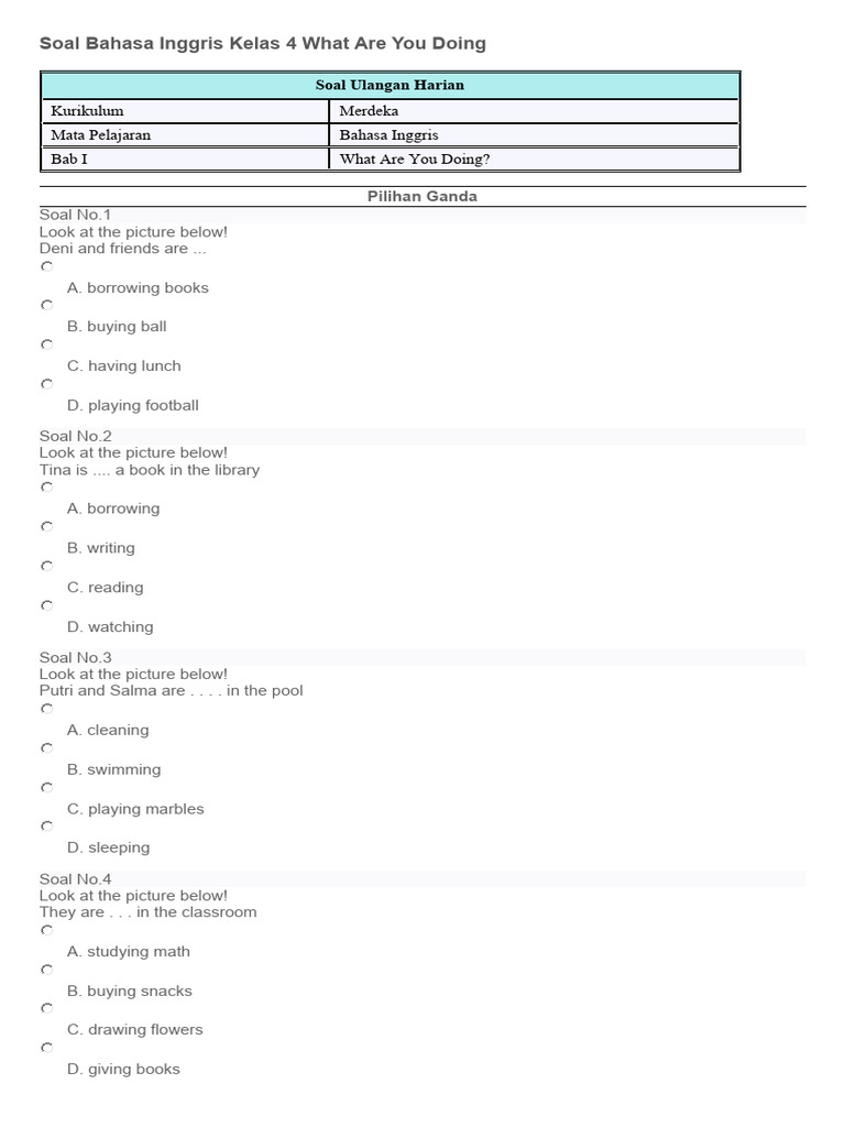 Soal Bahasa Inggris Kelas 4 What Are You Doing Pdf