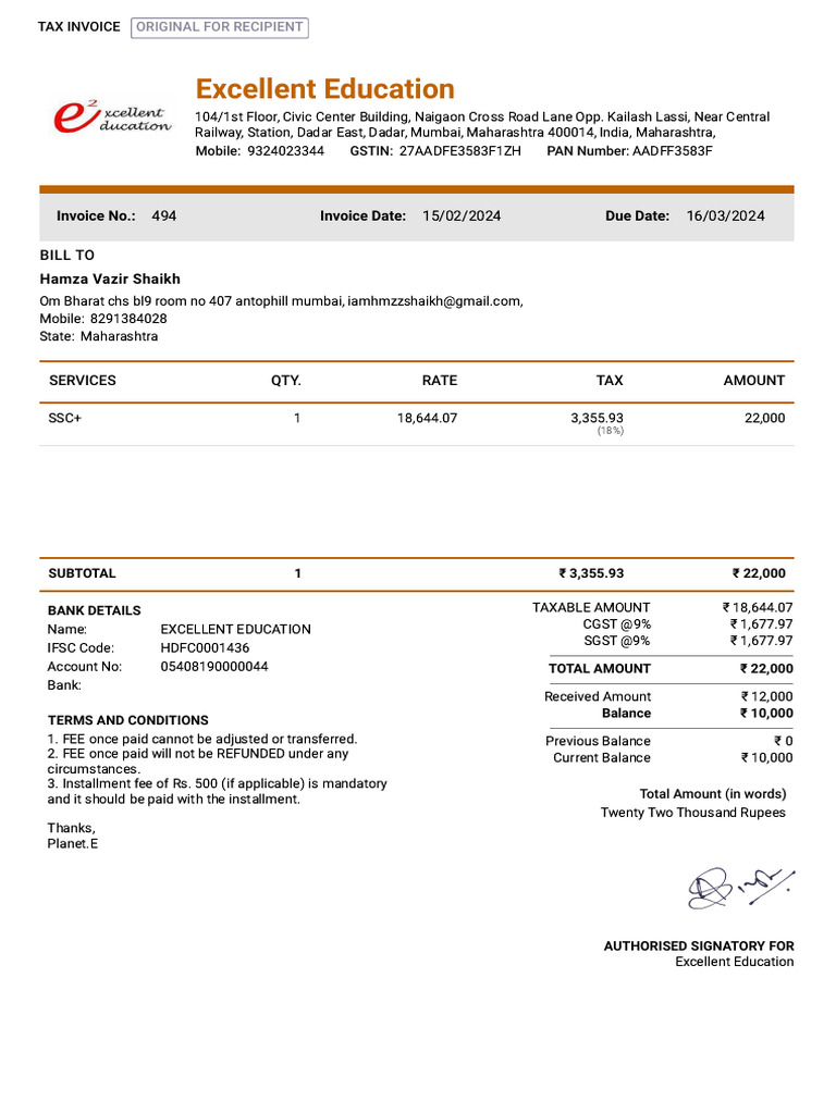 Tax Invoice for Hamza Vazir Shaikh | PDF | Economies | Government
