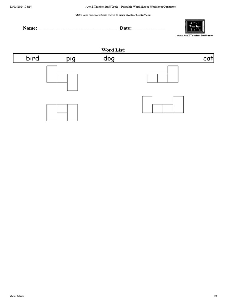 A To Z Teacher Stuff Tools Printable Word Shapes Worksheet Generator