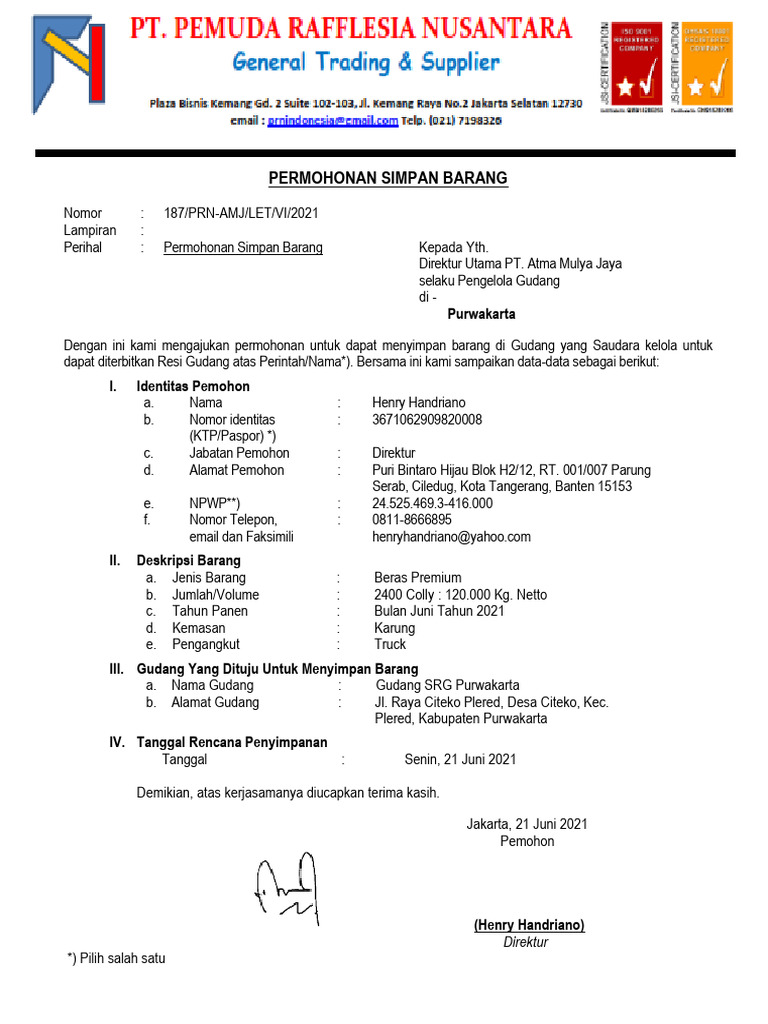 Surat Permohonan Simpan Barang | PDF