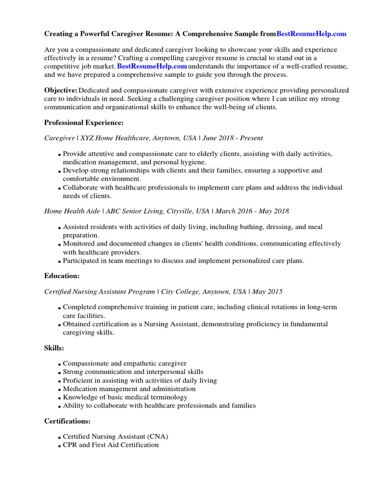 Resume Sample For Caregiver | PDF | Caregiver | Nursing