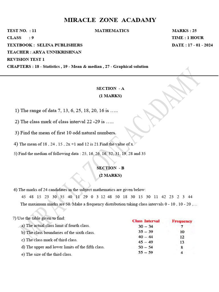 Kris Class 9 Test 11 Revision Test 1 Pdf Median Mean