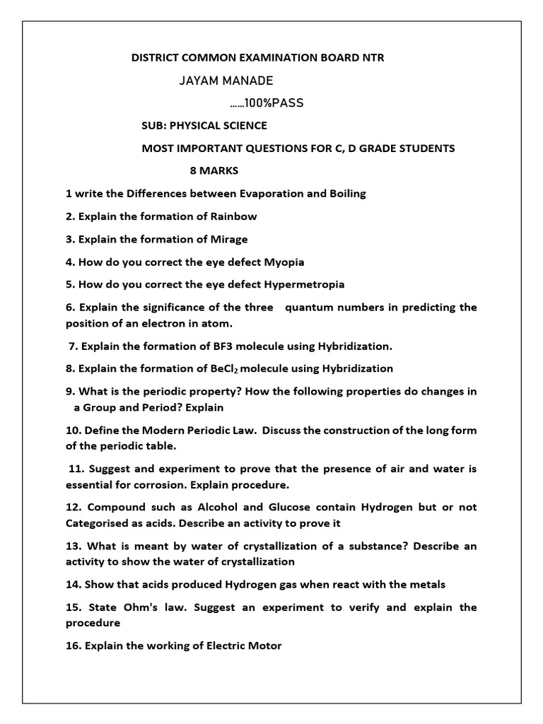 Important PS Questions for 10th Class | PDF | Water | Hydrogen