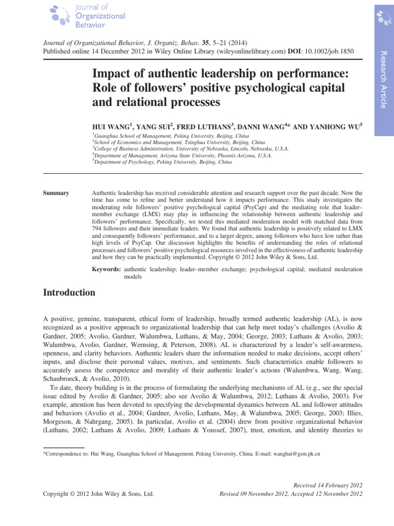 Authentic Leadership and Psychological Capital | PDF | Leadership ...