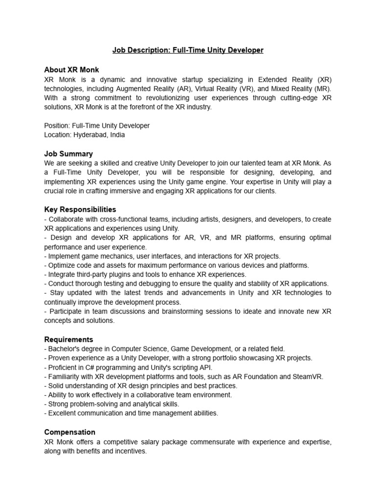 Job Description - Full-Time Unity Developer | PDF | Unity (Game Engine ...