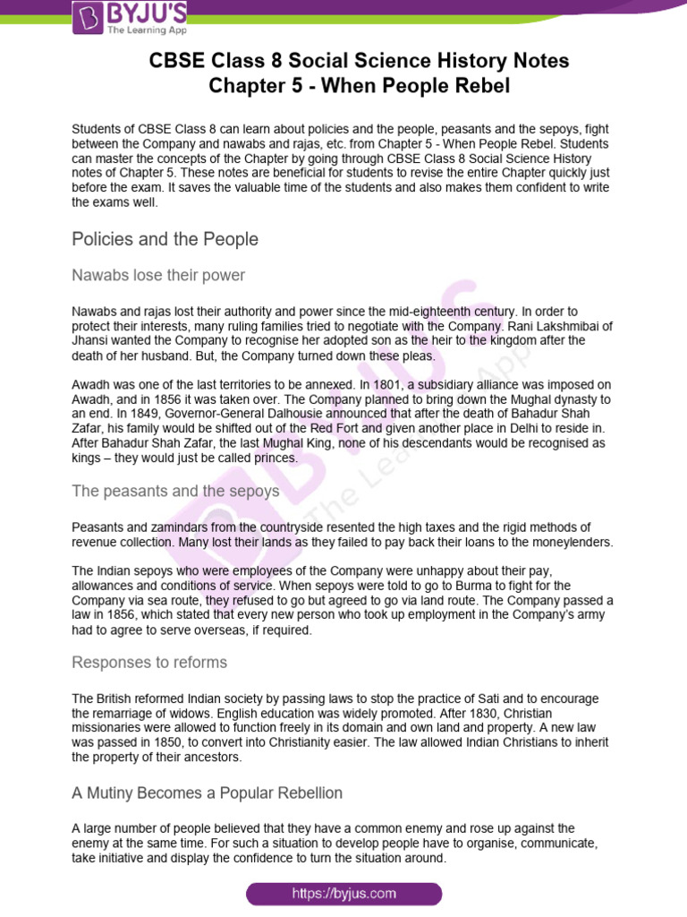 Cbse class 8 social science history notes chapter 5 when people rebel