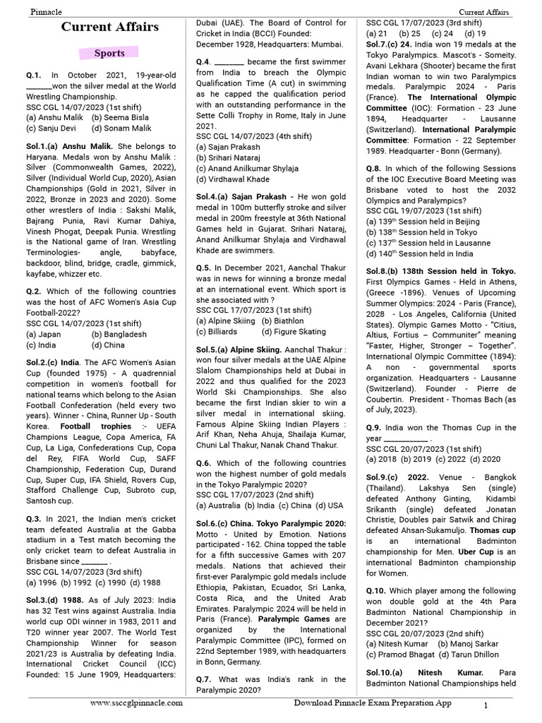 Sports Current Affairs Overview | PDF | Cricket | Sports