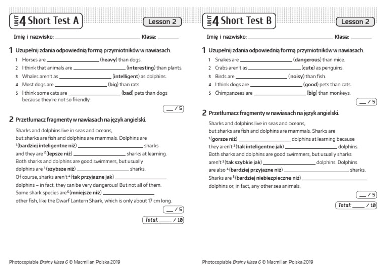 Brainy Klasa 6 Zeszyt ćwiczeń Odpowiedzi Brainy Kl6 Short Tests Unit 4 Lesson 2 | PDF | Dolphin | Zoology