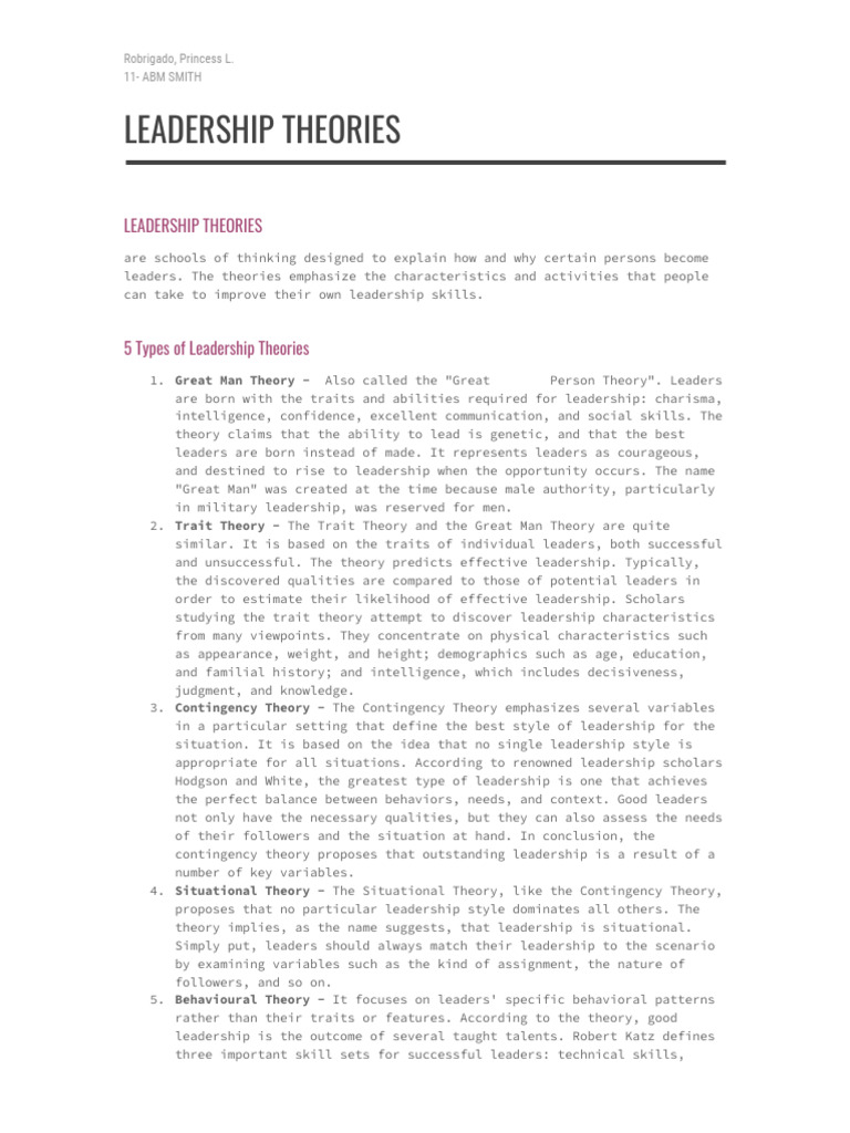 Leadership Theories Overview | PDF | Leadership | Transformational ...