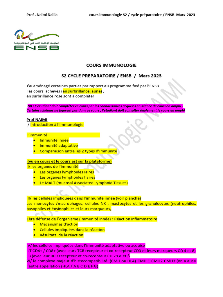 NAIMI Cours Immunologie Complété S2 Cycle Prépa ENSB Mars 2023 | PDF ...