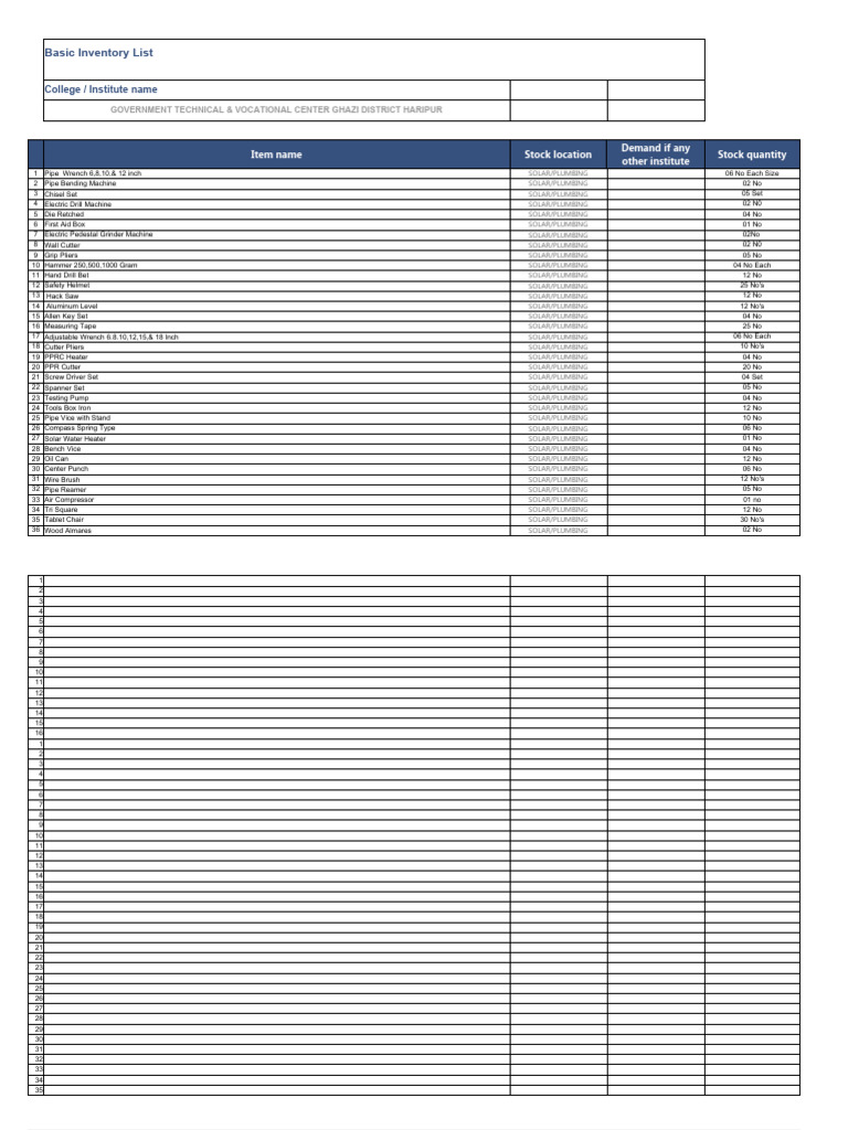 Stock Inventory List GTVC Ghazi Solar Lab | PDF | Plumbing | Drill