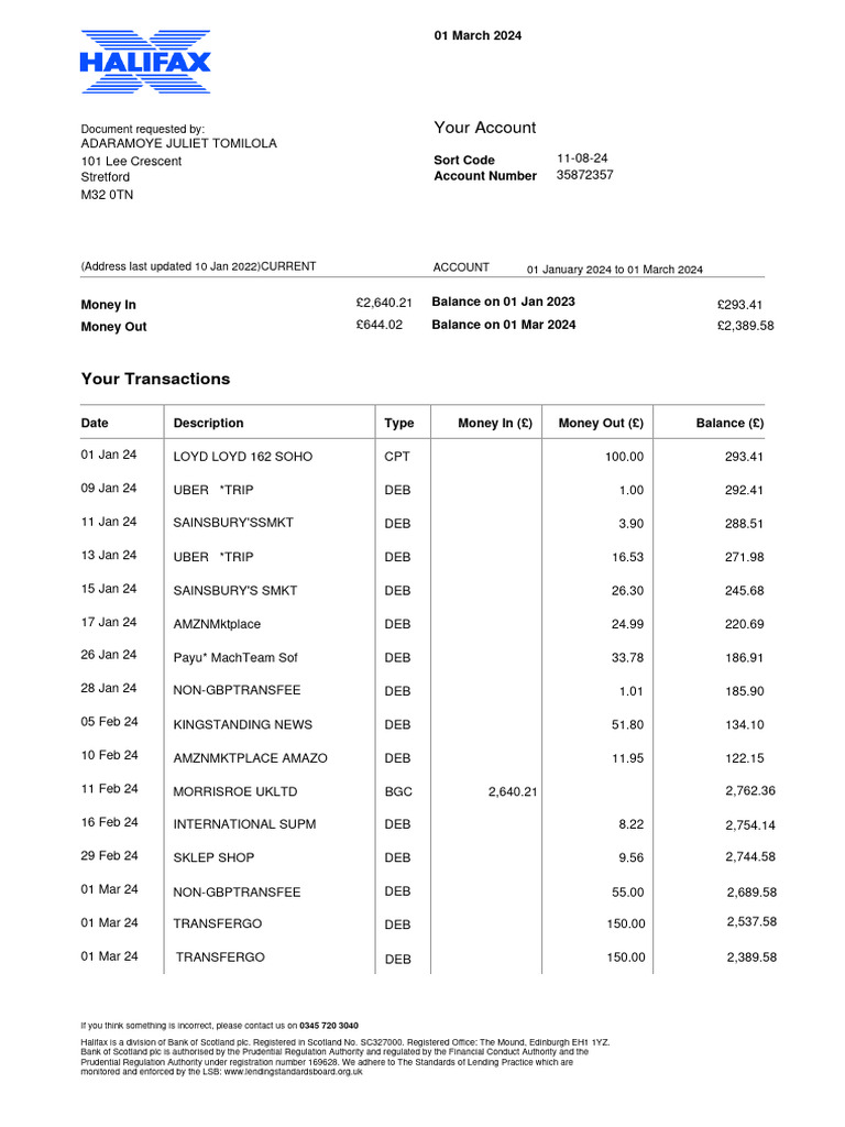 Halifax Bank Statement Summary | PDF | Private Sector | Service Industries