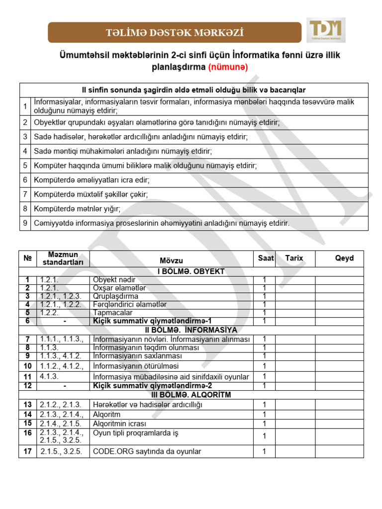 2 ci sinif nformatika illik plan pdf