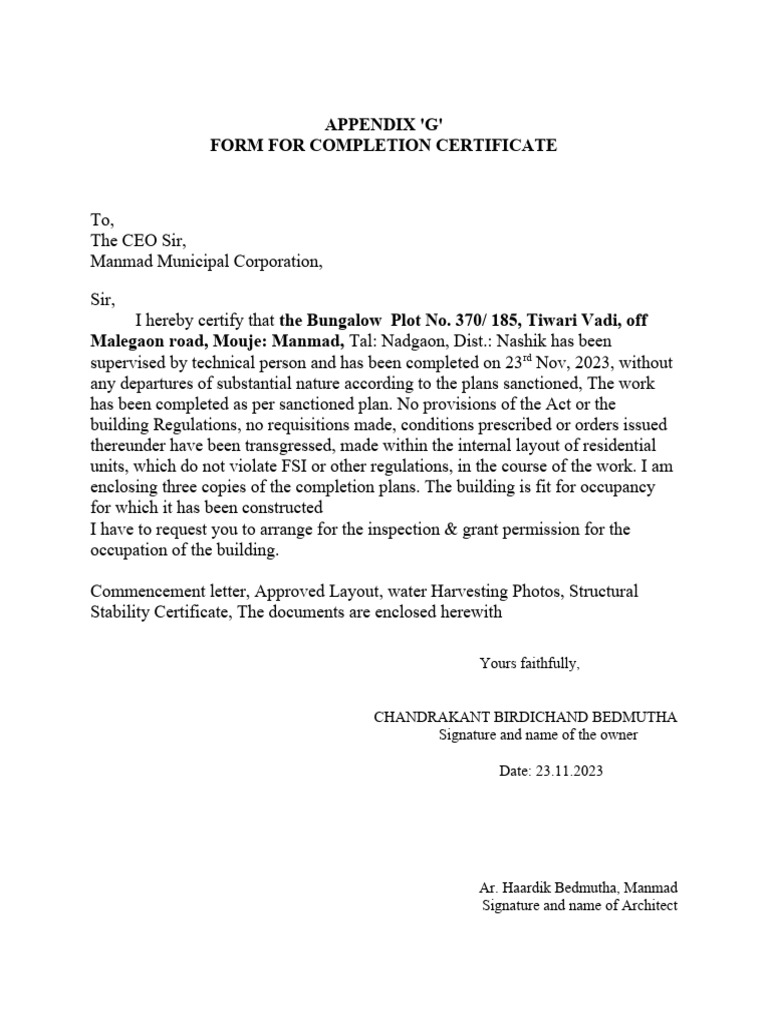 Nashik Building Completion Certificate Format | PDF