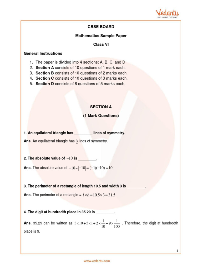 CBSE Sample Paper For Class 6 Maths With Solutions - Mock Paper-2 | PDF ...