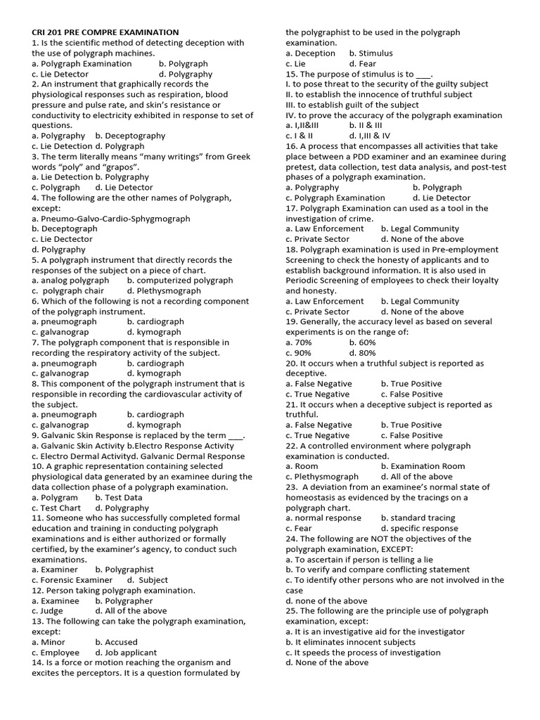 CRI 201 Polygraph Examination Review | PDF | Polygraph