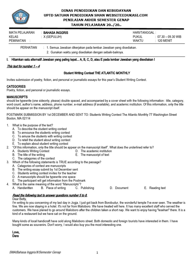Soal PAT B. ING Kelas X K13 | PDF | Language Arts & Discipline ...