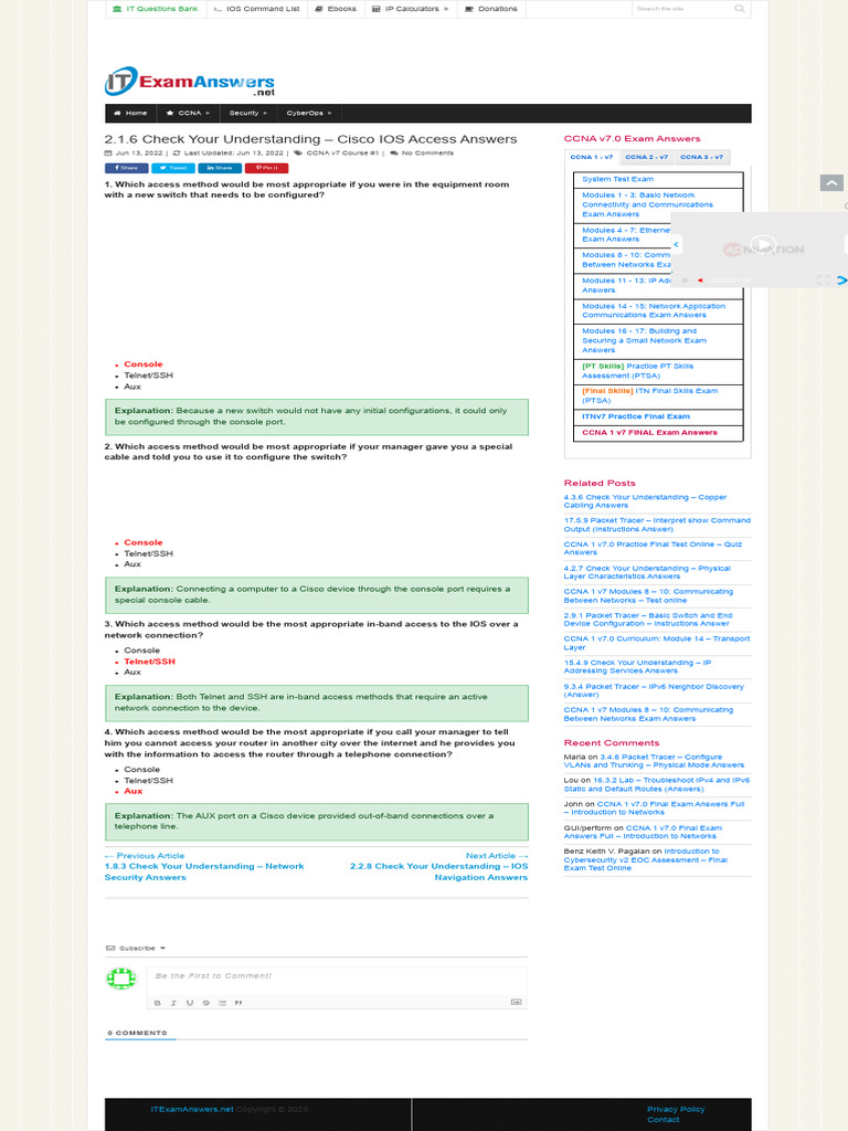2.1.6 Check Your Understanding - Cisco IOS Access Answers | PDF | Cisco ...