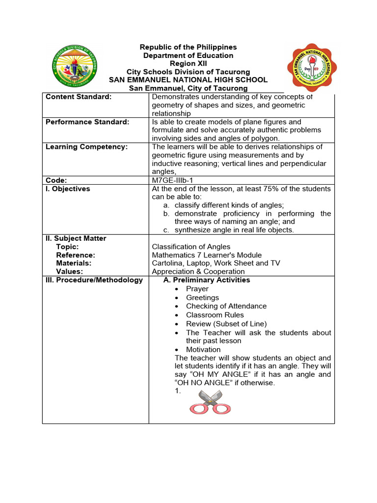 Grade 7 Classification Of Angle Pdf Angle Shape
