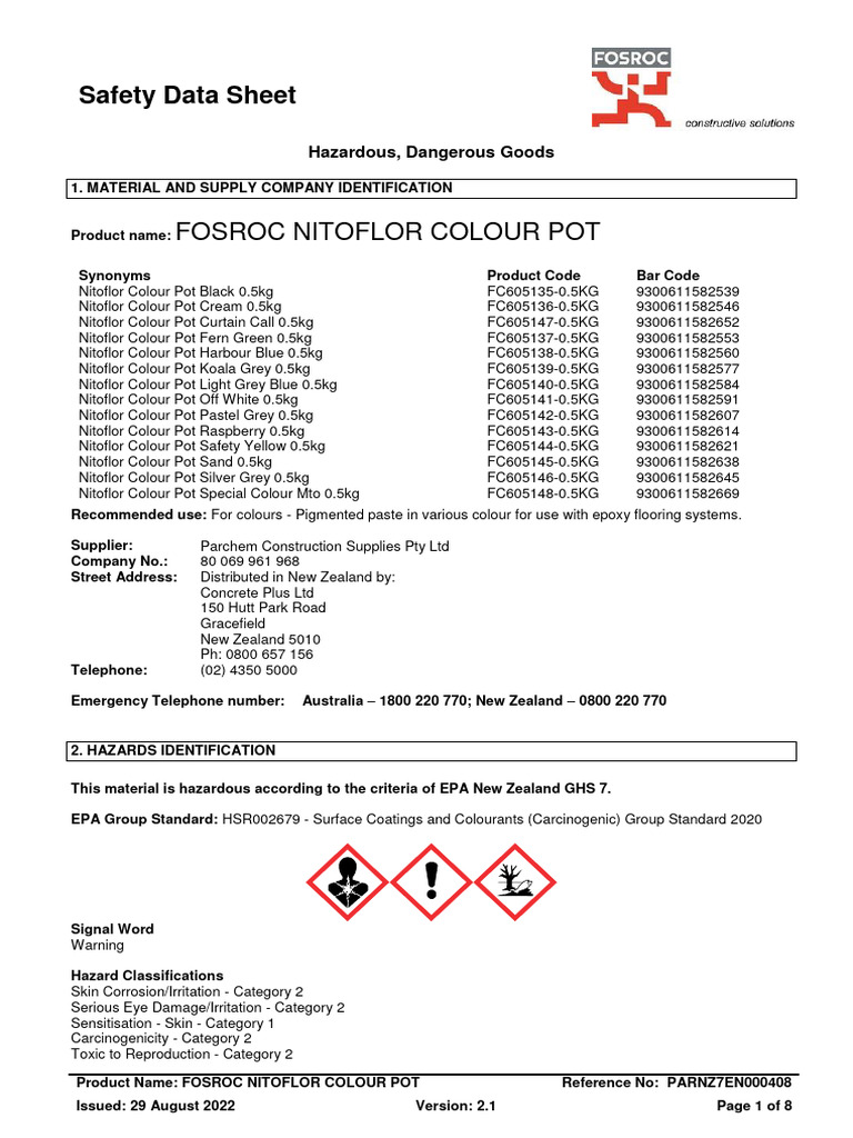 Fosroc Nitoflor Colour Pot-Nz Sds | PDF | Dangerous Goods | Toxicity