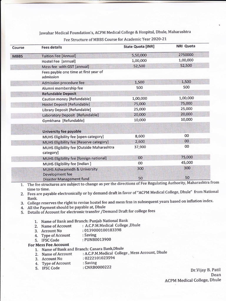 All PVT Colleges Fee Maharashtra PDF Bed Money