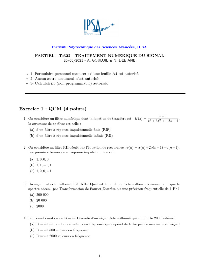 Examen Traitement Numérique du Signal | PDF | Transformation de Fourier ...