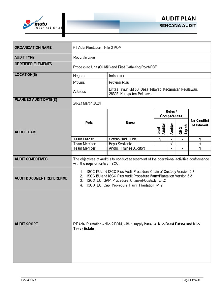 Audit Plan ISCC - FGP & Oil Mill - PT Adei Plantation - Nilo 2 POM - To ...