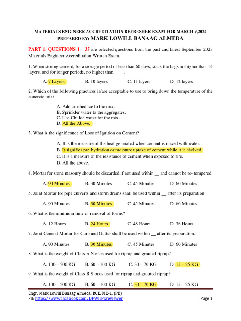 Materials Engineer Refresher Exam 2024 | PDF | Road Surface | Concrete