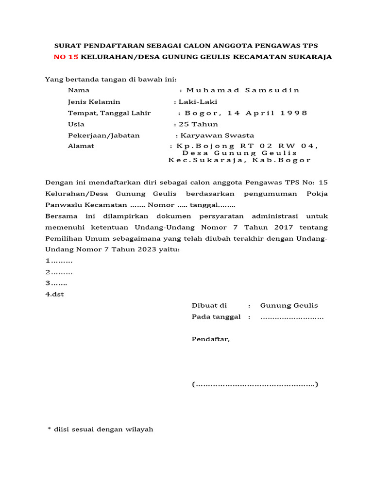 Lampiran Pendaftaran Surat Pernyataan Calon Ptps 1 Pdf