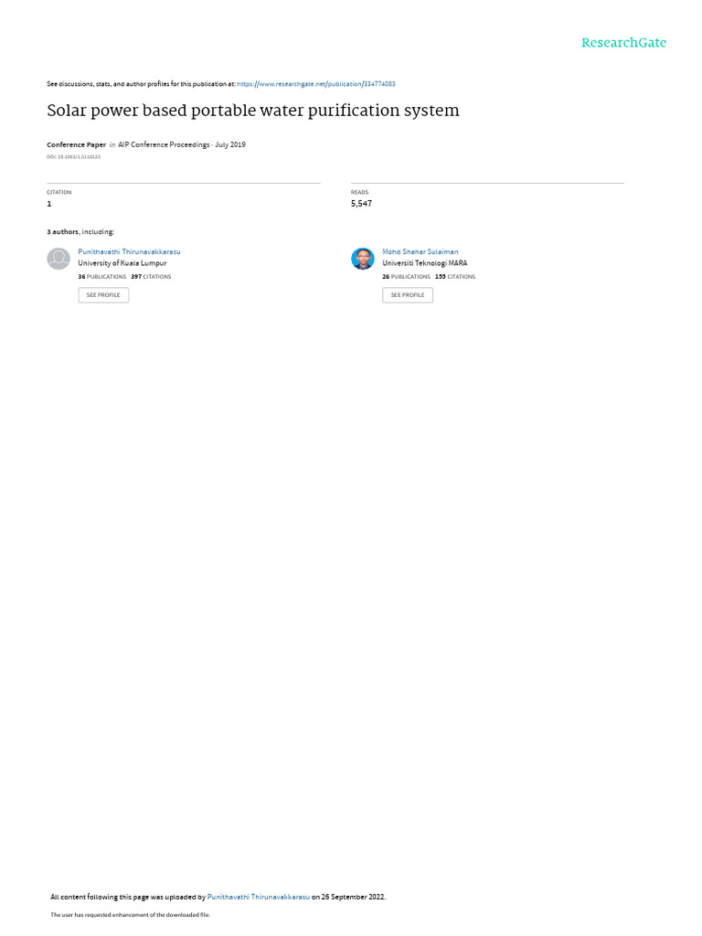 Solar Power Based Portable Water Purification System Aip Conference