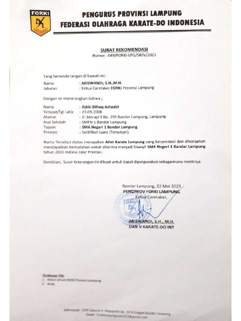 contoh Rekom FORKI Lampung | PDF