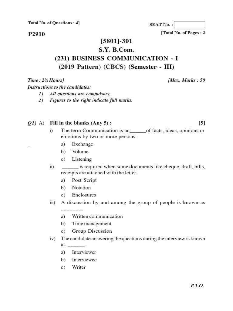 SYBCom Business Communication Paper 2019 | PDF | Valuation (Finance ...