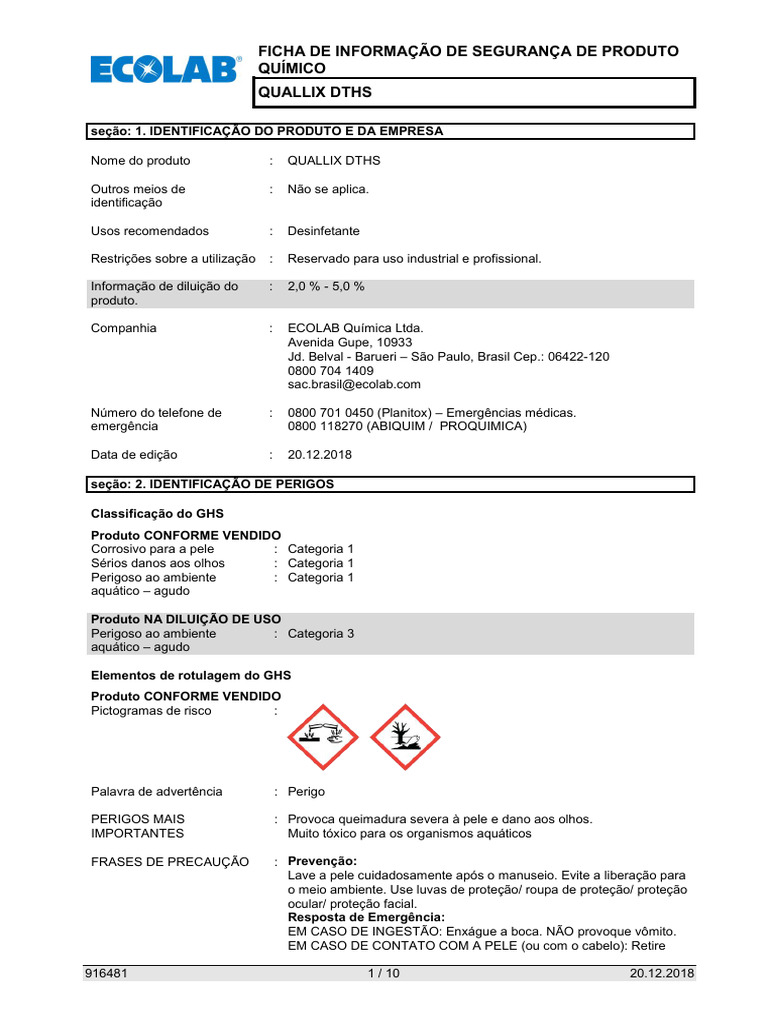Ficha de Segurança Quallix DTHS | PDF | Desperdício | Cloro