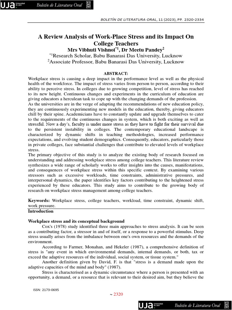 A review analysis of work place stress and its impact on college