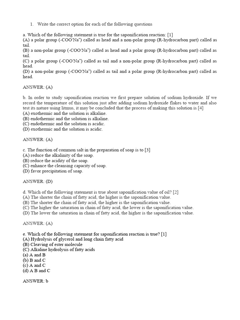 Saponification Reaction Practice Questions | PDF | Fatty Acid | Soap