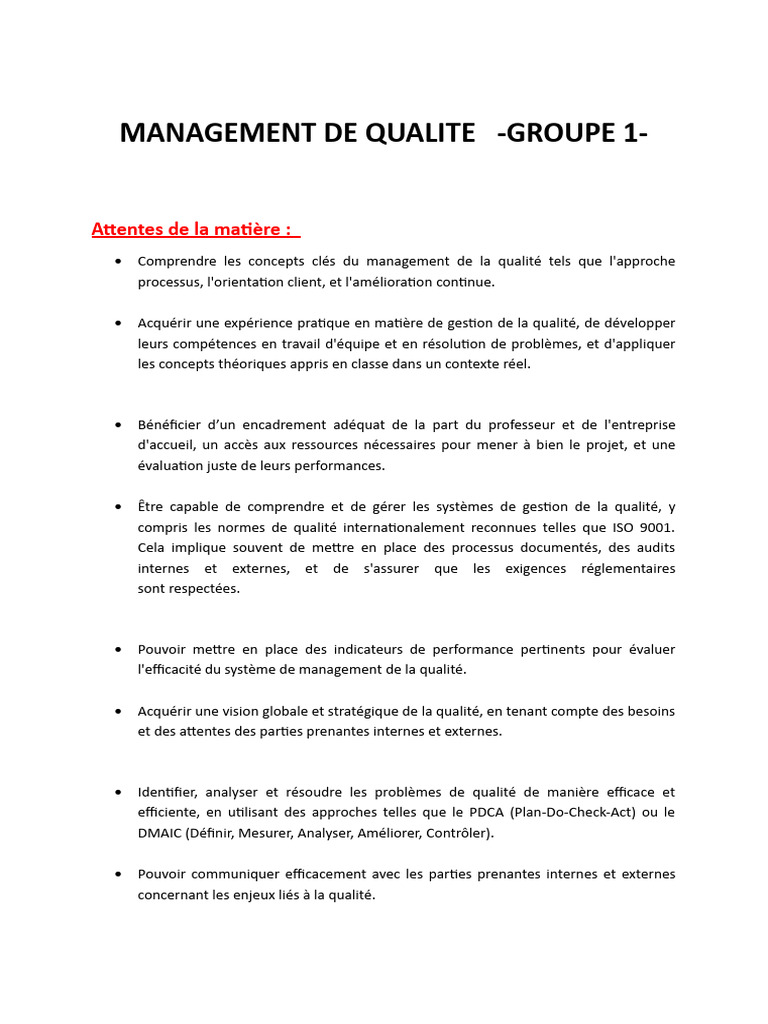Management de la qualité : attentes et enjeux | PDF | Management de la ...